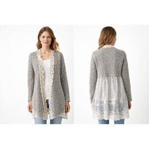 Anthropologie A’reve Lace Duster Cardigan Boho Open Front Gray Cream S
